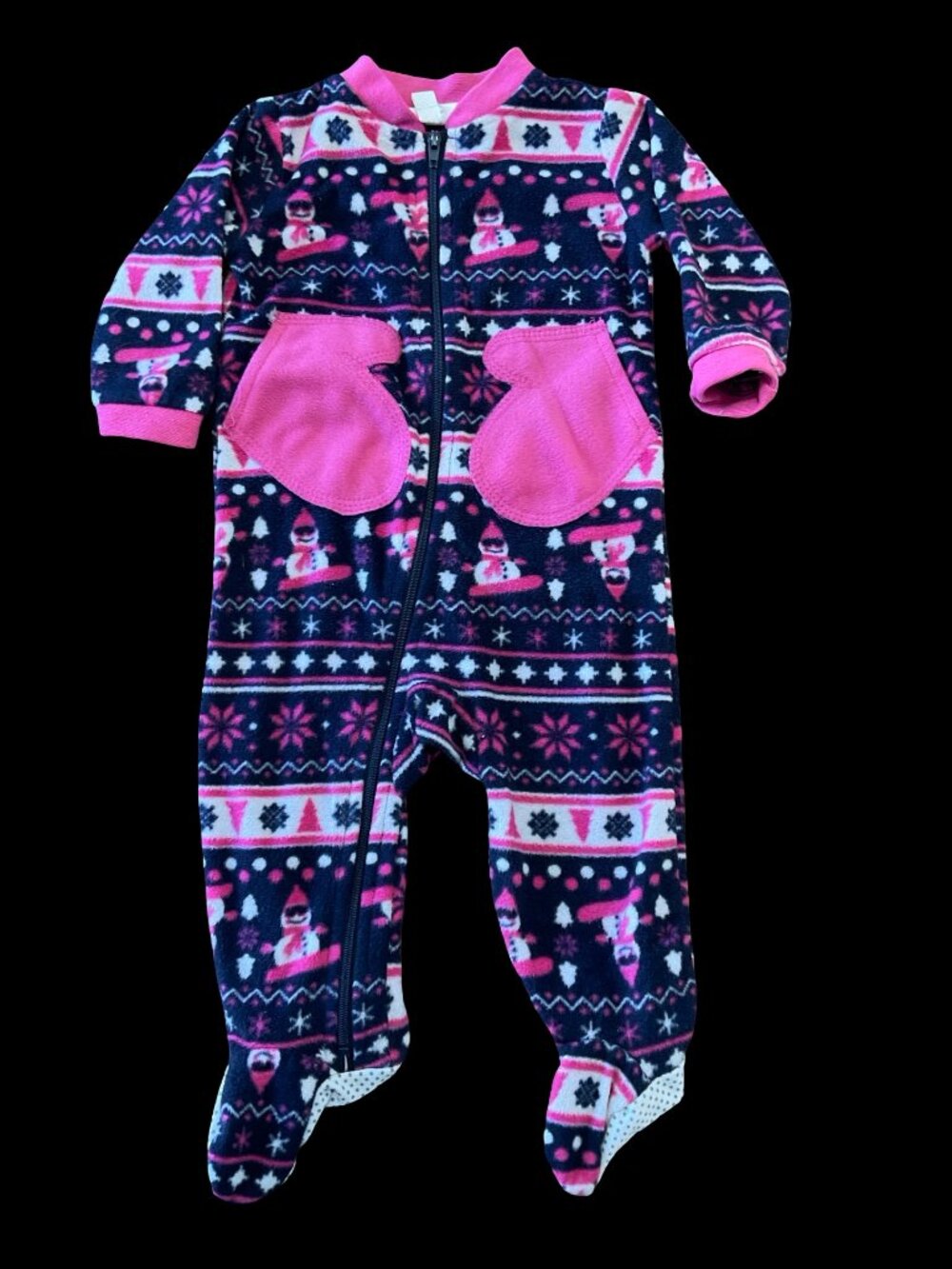 🌻10/$25 - Navy/Pink Winter Motif Fleece Sleeper w/ Mitten Pockets